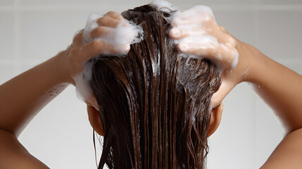 Naklejka premium Young woman washing her hair with shampoo in a bright bathroom with soft lighting