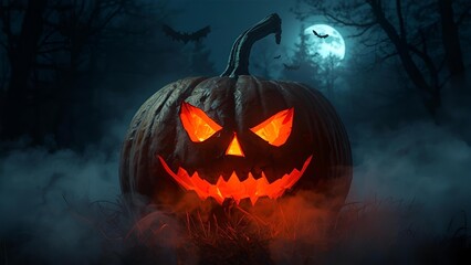 A creepy Halloween pumpkin with a wicked grin, casting an orange glow, surrounded by fog and bats, with a dark forest as the background under a full moon.