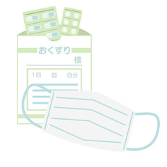 マスクと処方薬のかわいいイラスト素材