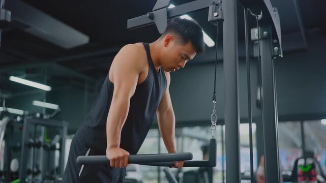 A young man performs dips at the gym, showcasing strength and determination in a modern fitness environment.