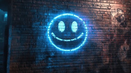 Neon Blue Smiley Face Sign on Brick Wall.