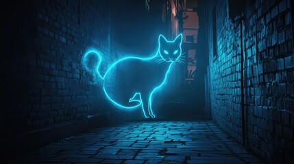 Neon Cat Silhouette in Dark Alleyway - A Glowing Urban Scene.