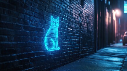 Neon Cat Silhouette on Brick Wall in Urban Alleyway.