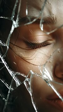 A cracked mirror showing half of a face, duality and vulnerability