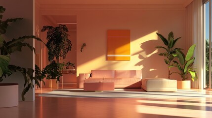 Sun-Drenched Interior - A Serene Living Space with Lush Greenery and Warm Tones.