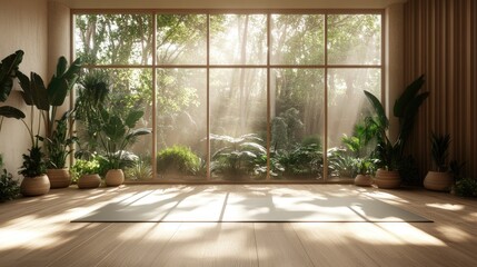 Serene Yoga Studio with Lush Greenery and Natural Light.