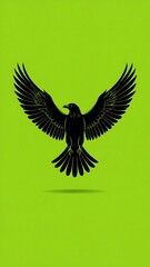 Fototapeta premium Silhouette of a black bird with spread wings against a green background