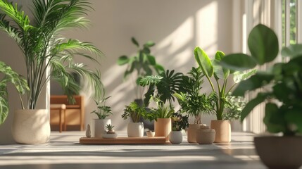 Sunlit Indoor Garden - A Serene Collection of Potted Plants.