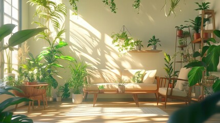 Sunlit Indoor Garden Oasis with Lush Green Plants and Cozy Seating.