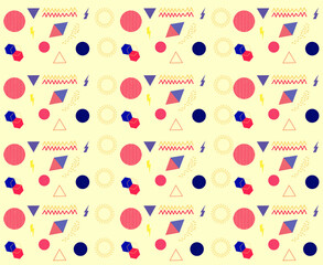 Abstract seamless pattern with graphic elements and geometric shapes in dark blue, yellow, pink-salmon, and purple  colours on a light yellow background