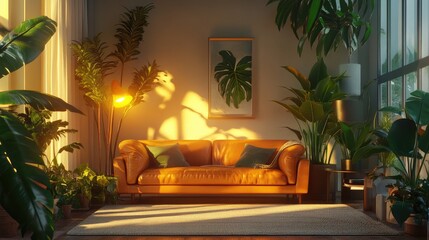Sunlit Urban Oasis - A Cozy Living Room Filled with Lush Greenery.