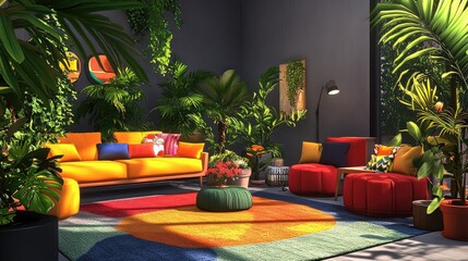 Vibrant and Lush Indoor Living Space with Abundant Greenery and Colorful Furniture.