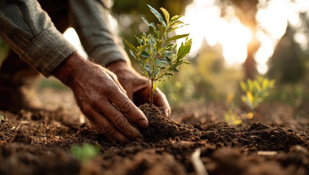 Senior's hands planting a young tree sapling