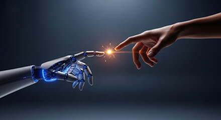 Human and robotic hands reaching out, connecting with a spark of light, symbolizing the future of technology and humanity.