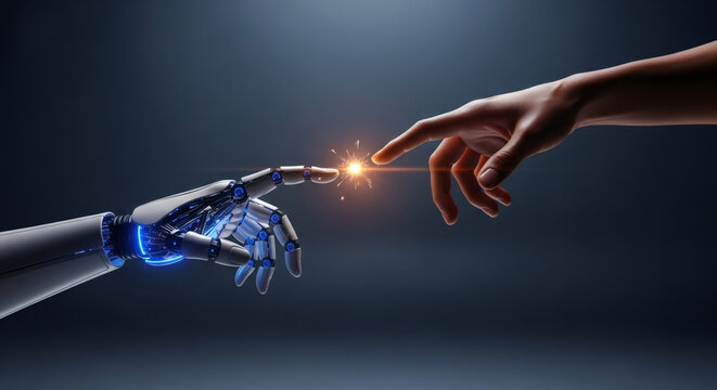 Human and robotic hands reaching out, connecting with a spark of light, symbolizing the future of technology and humanity.