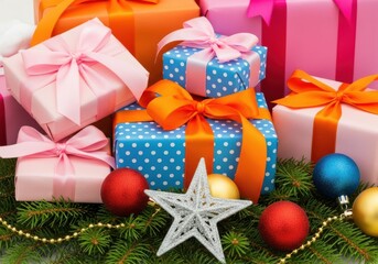 Pile of colorful gift boxes with ribbons and christmas ornaments on a pine branch