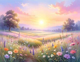 A vibrant sunrise casts warm hues over a field of wildflowers. Rolling hills and trees dot the landscape under a cloudy sky