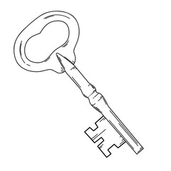 Antique key line drawing, black lines on white background.