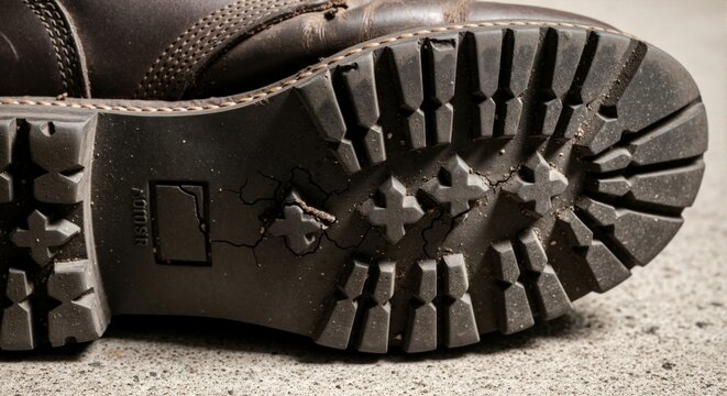 A close-up shot revealing the textured sole of a rugged boot, showing the patterns and design.