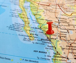 View of Mazatlan, City in Sinaloa, Mexico, on a geographical map of America, marked with red pushpin