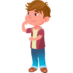 Cartoon Young Boy Thinking with Hand on Chin Wearing Blue Jeans and Red Shirt White T-Shirt Isolated on Transparent Background