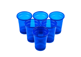 Blue plastic cups arranged in triangular formation on transparent background