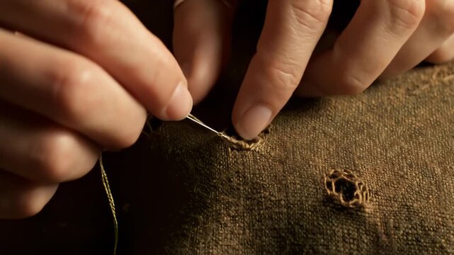Close Up of Person's Hands Sewing Holes in Torn Fabric Material