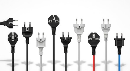 Variety of Electrical Plugs in a Row A Diverse Collection of Power Connectors on a White Background