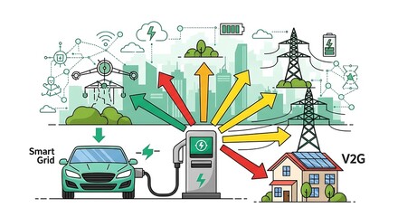 Conceptual illustration of an electric vehicle charging within a smart grid ecosystem, showcasing vehicle-to-grid technology and renewable energy integration