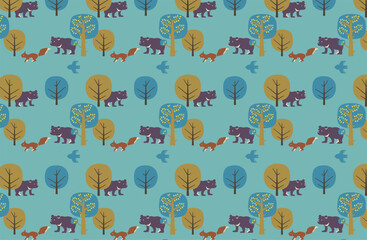 北欧風の森の木々とツキノワグマのシームレスパターン素材