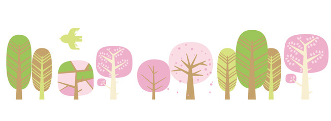 桜の花や新芽で春らしく色づいた森の木々と鳥のラインアート