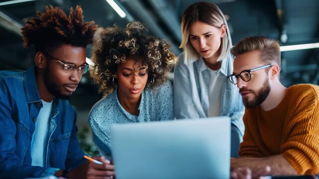 A Collaborative Team Evaluates Ideas and Strategies Over a Laptop in a Creative Workspace, Sharing Insights and Engaging in Dynamic Discussion Among Friends