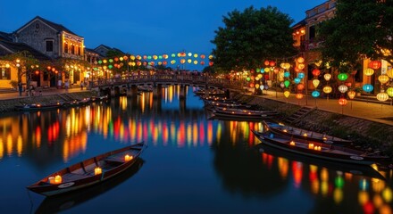 Fototapeta premium Enchanting Night in Hoi An, Vietnam: A Kaleidoscope of Lanterns Reflecting on the Tranquil Waters Under a Deep Blue Sky