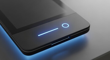 Close up view of a sleek electronic gadget with a luminous blue home button and user interface elements. Abstract concept of future digital innovation and connectivity