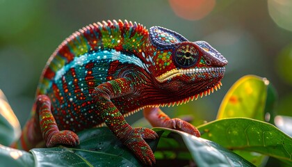 A vibrant chameleon, displaying a kaleidoscope of colors, rests on lush green leaves. The reptile's eye is in sharp focus