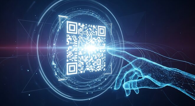 Futuristic digital hand interacting with a glowing QR code, symbolizing secure data access, seamless connectivity, and advanced technological innovation