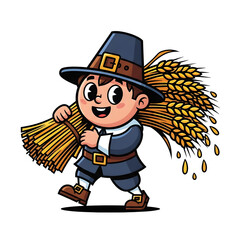 Cute Pilgrim Boy Carrying Harvest Wheat – Thanksgiving Cartoon PNG for Fall Festivals and Children’s Crafts
