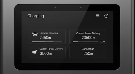 Modern electric vehicle charging display showing real-time power delivery, estimated battery range, and connection status for efficient energy management and sustainable transport
