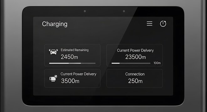 Modern electric vehicle charging display showing real-time power delivery, estimated battery range, and connection status for efficient energy management and sustainable transport