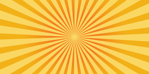 Bright yellow and orange sunburst abstract background with radial rays pattern, warm gradient tones, and retro vintage style. Perfect vector design for comics, posters, banners, summer themes.