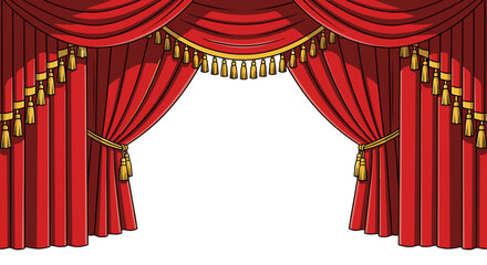 Red Stage Curtain:  a majestic red curtain, adorned with golden tassels and draping elegantly to reveal an empty stage, ready for the show to begin. Evokes anticipation and the magic of theater.