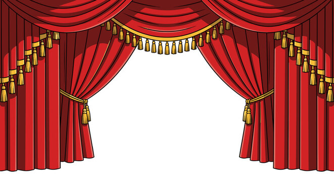 Red Stage Curtain:  a majestic red curtain, adorned with golden tassels and draping elegantly to reveal an empty stage, ready for the show to begin. Evokes anticipation and the magic of theater.
