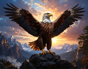 Majestic bald eagle with wings spread against a mountain sunset