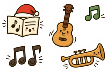 Cute christmas music elements playing carols, a singing songbook, ukulele, trumpet, and musical notes
