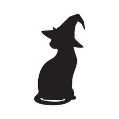 Witch Black Cat with Hat Vector Silhouette