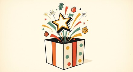 Festive Gift Box with Exploding Star and Confetti Illustration.