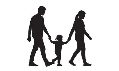 Family Walking Together Silhouette, Parents and Child Holding Hands Illustration