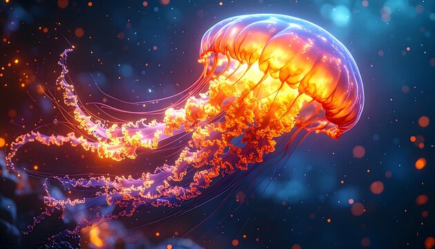 Vivid, glowing jellyfish floats in a deep ocean with sparkling ambiance