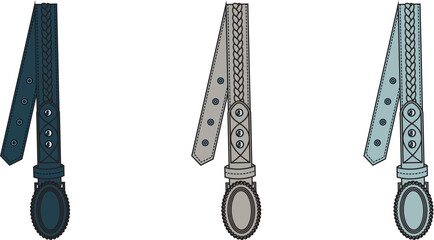 Stylish assortment of classic belts with decorative woven accents and ornate buckles, presented in a trio of harmonious colors, ideal for apparel accessory concepts