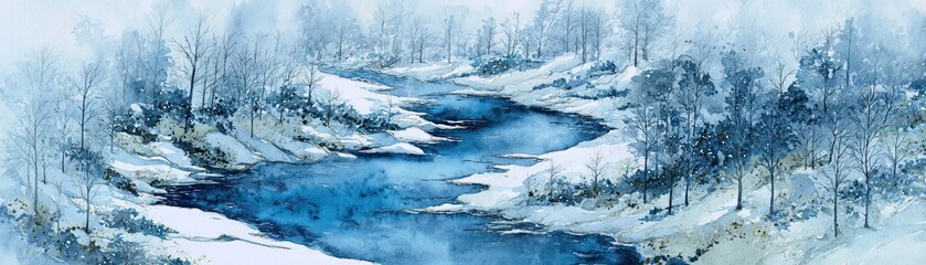 A serene winter landscape featuring a gentle river surrounded by snow-covered trees, evoking a calm and peaceful atmosphere.